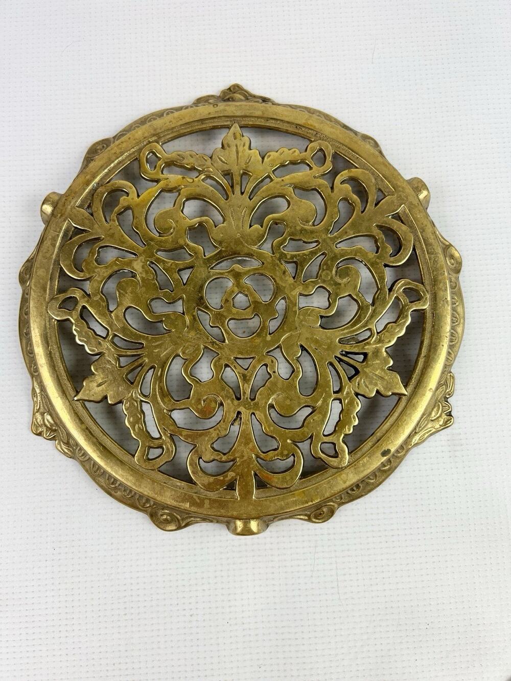 Antique Ornate Solid Brass Trivet With Feet Unique Rare 9” With Patina Floral